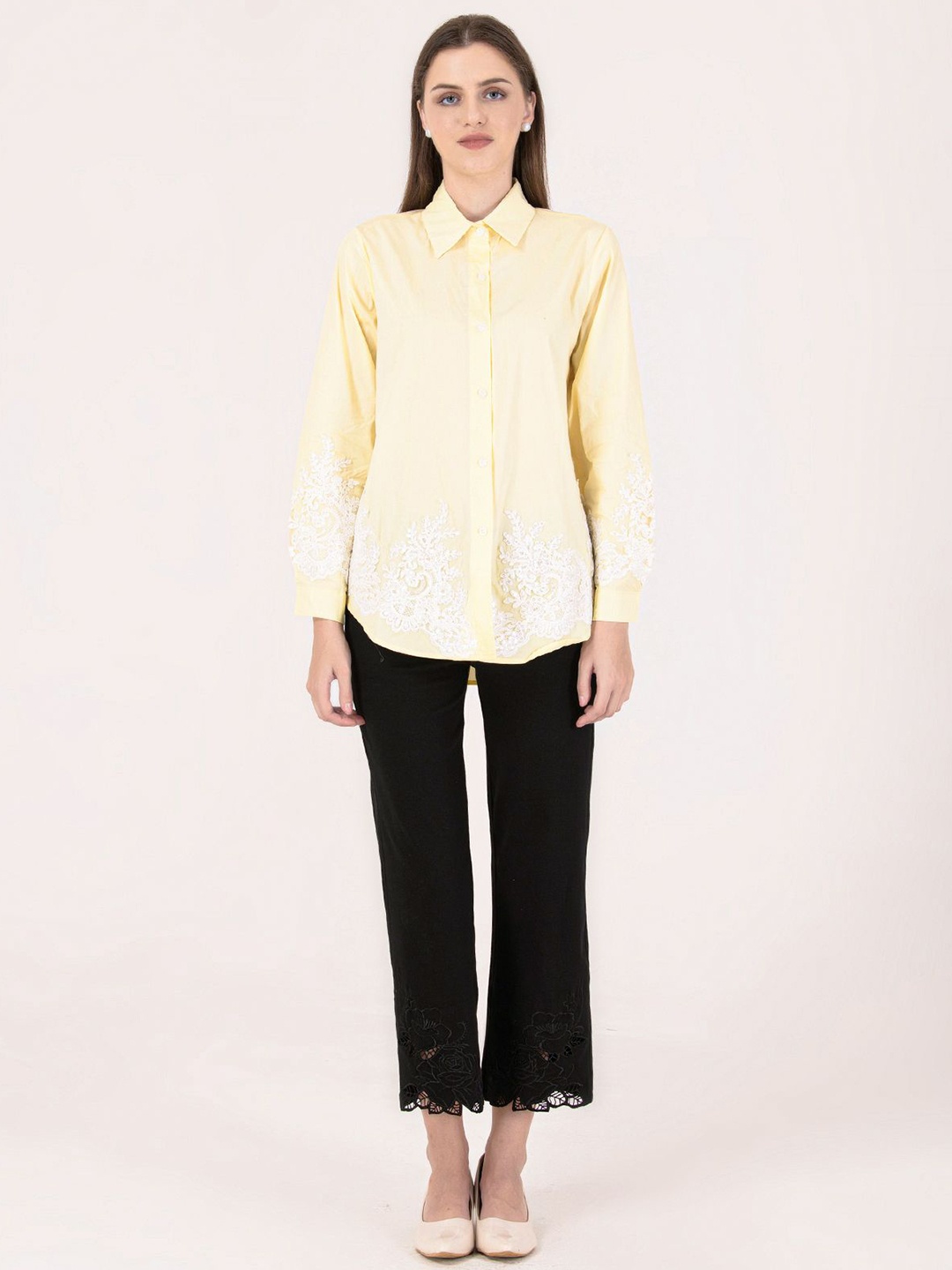 

Albion By CnM Women Self Design Shirt Collar Cotton Top, Yellow