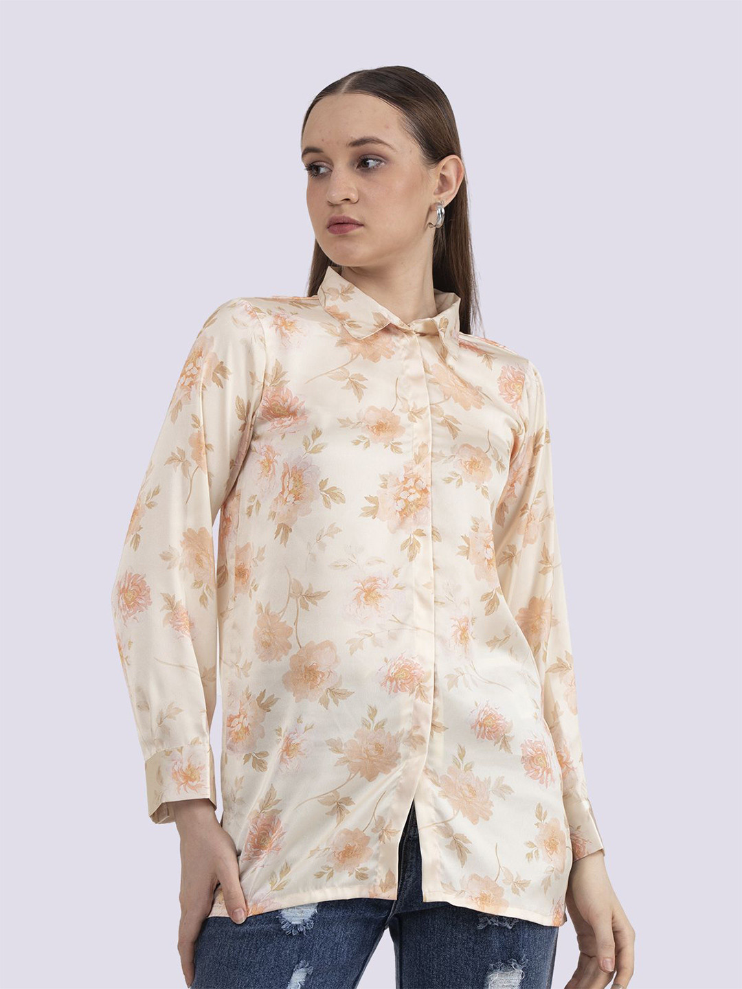 

Albion By CnM Women Floral Printed Shirt Collar Top, Beige
