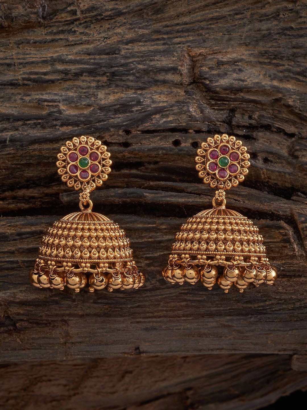 

Kushal's Fashion Jewellery Gold Plated Artificial Stones Dome Shaped Jhumkas Earrings, Red