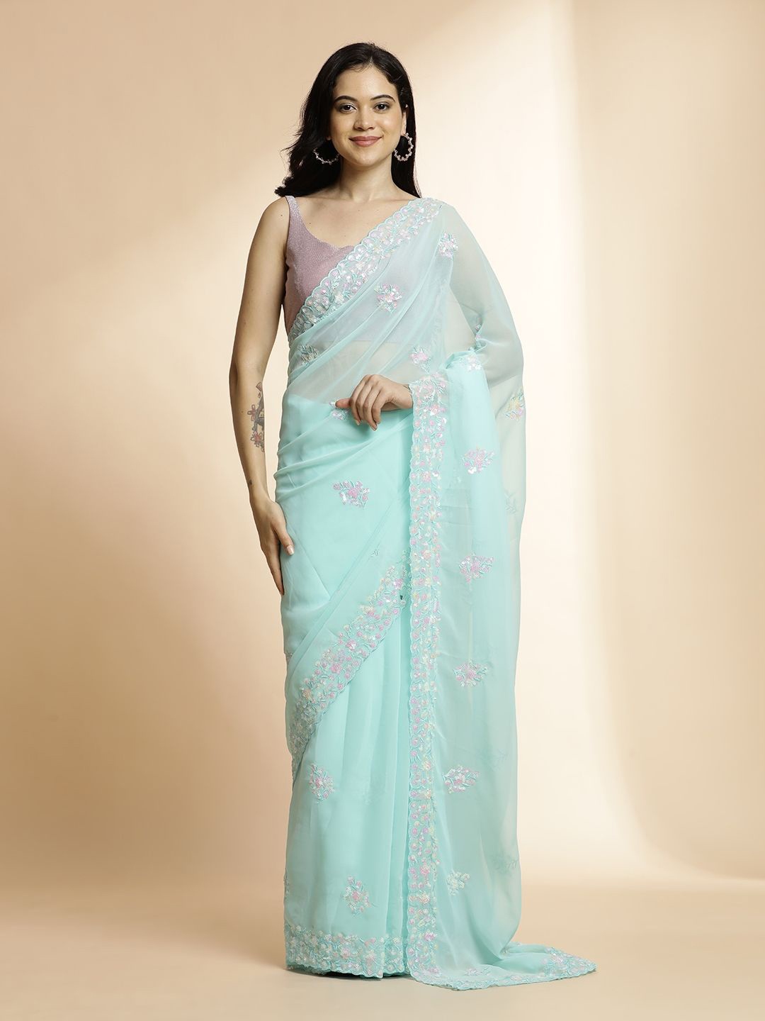 

Jaipur Kurti Floral Sequinned Pure Georgette Saree, Turquoise blue