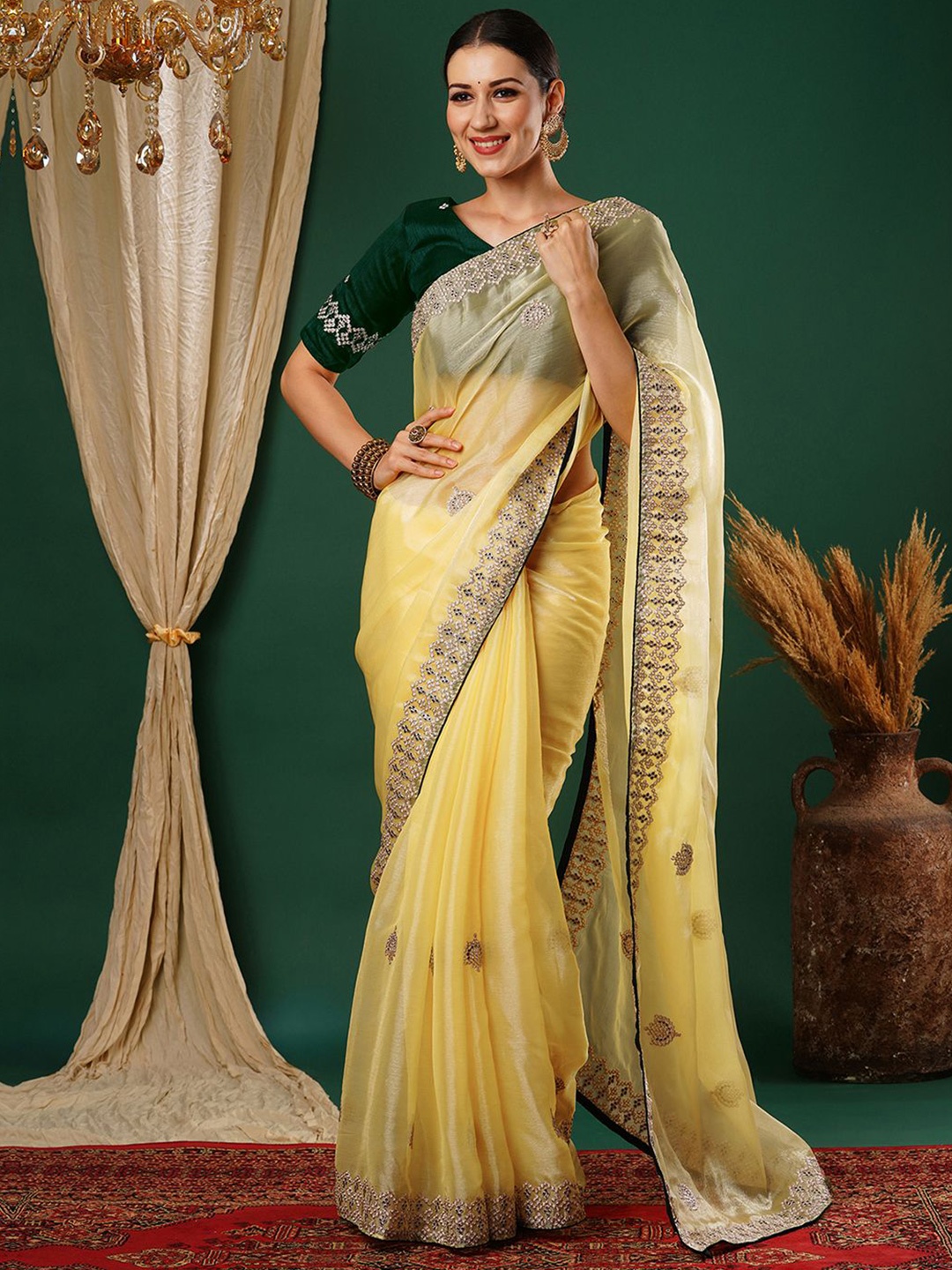 

Satrani Ethnic Motifs Embroidered Tissue Saree, Yellow