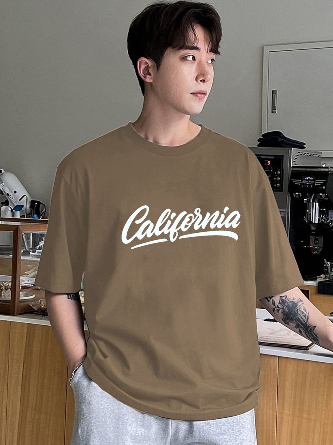 

CLAFOUTIS Men Typography Printed Drop-Shoulder Sleeves Applique T-shirt, Beige