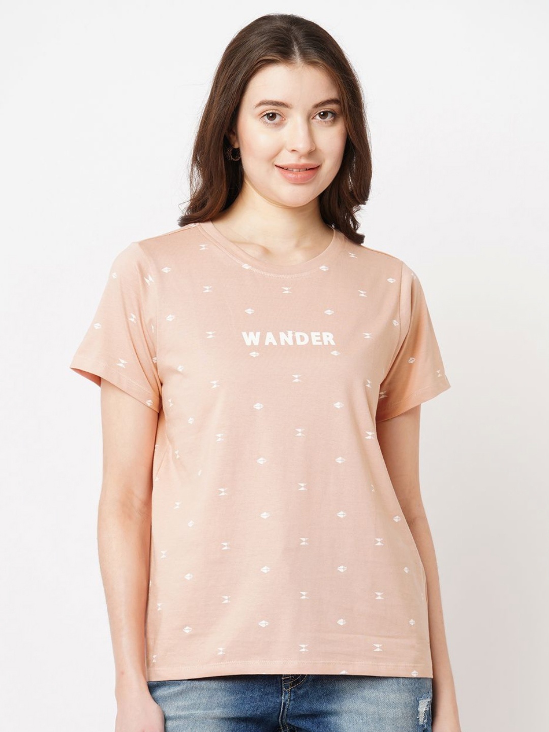 

GUTI Women Conversational Printed Round Neck Cotton T-shirt, Beige