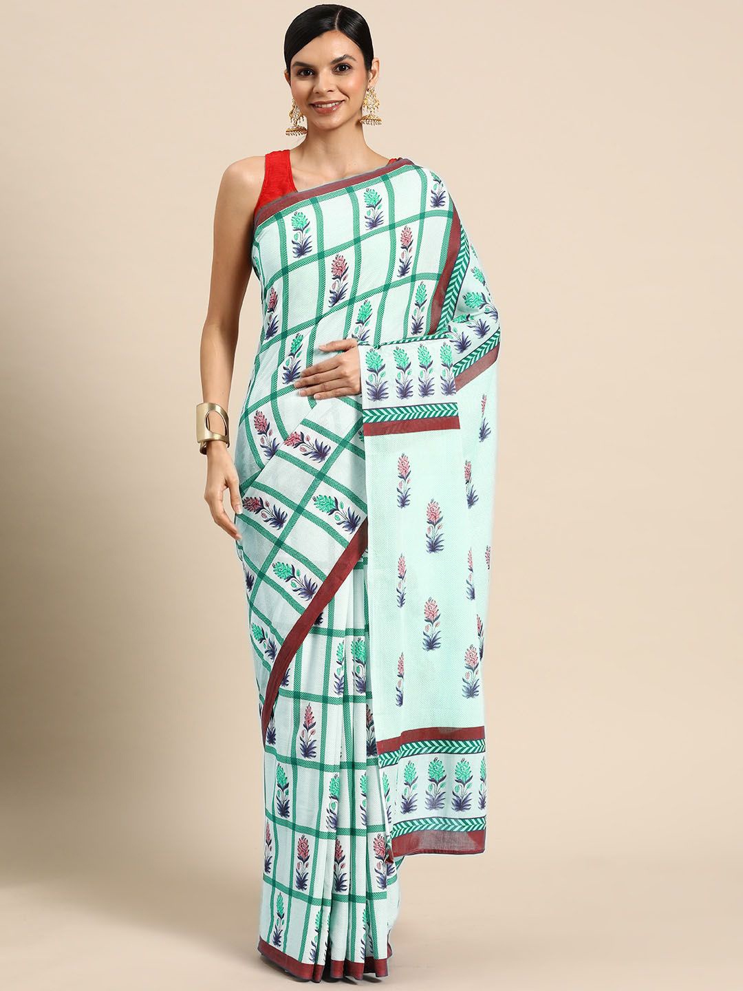 

BUTA BUTI Floral Pure Cotton Saree, Green