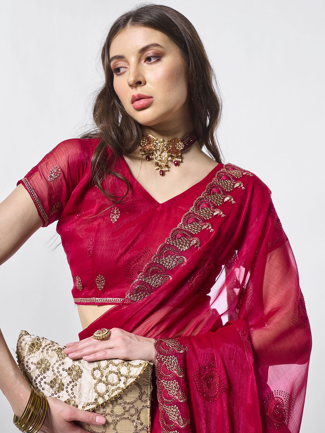 

Kalista Ethnic Motifs Beads and Stones Organza Saree, Red