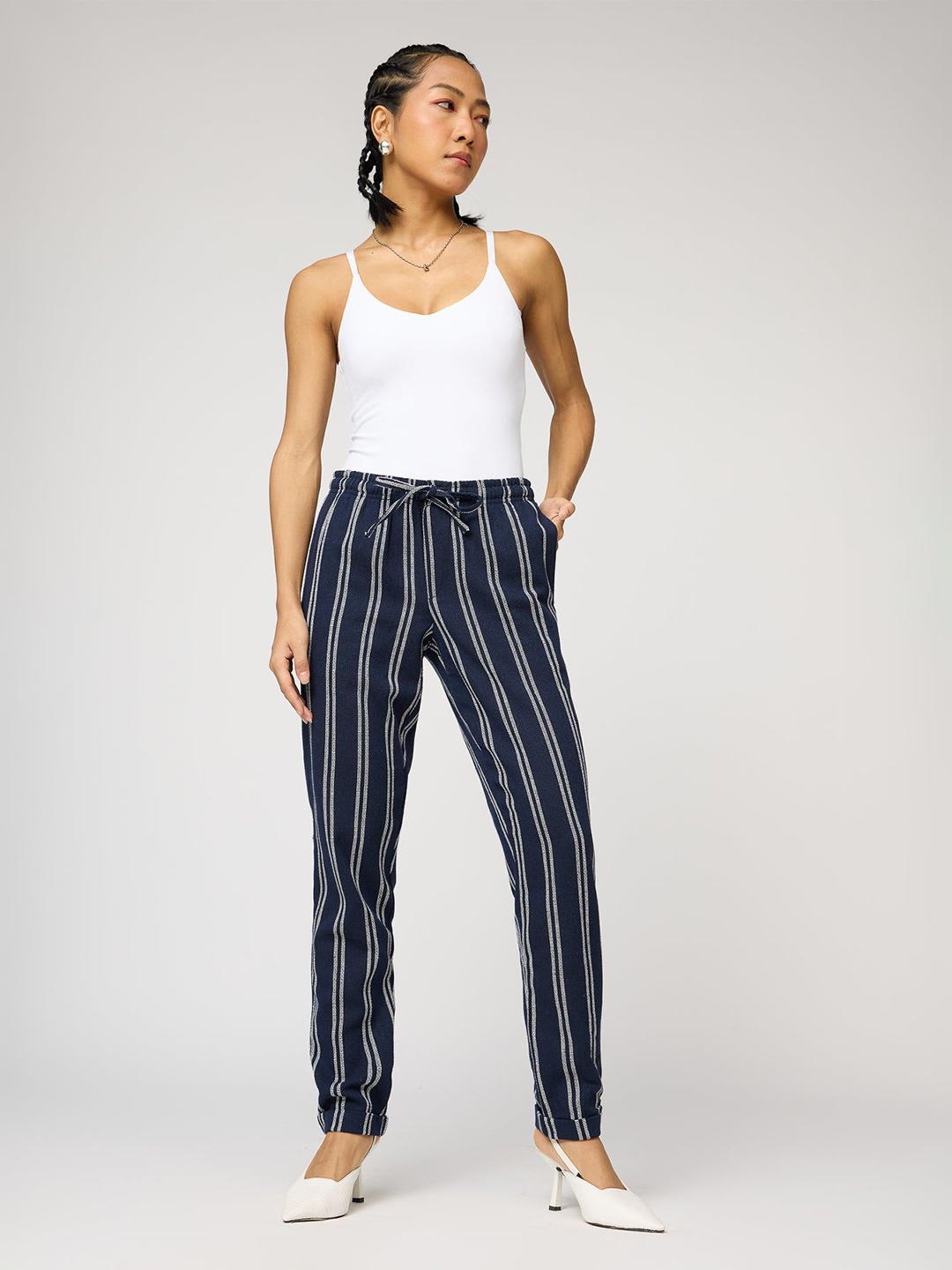 

FREAKINS Women Striped Tapered Fit High-Rise Pure Cotton Trousers, Navy blue