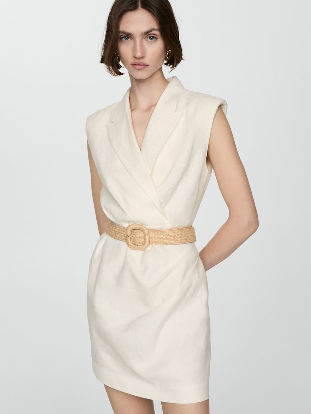 

MANGO Belted Wrap Linen Mini Dress, Beige