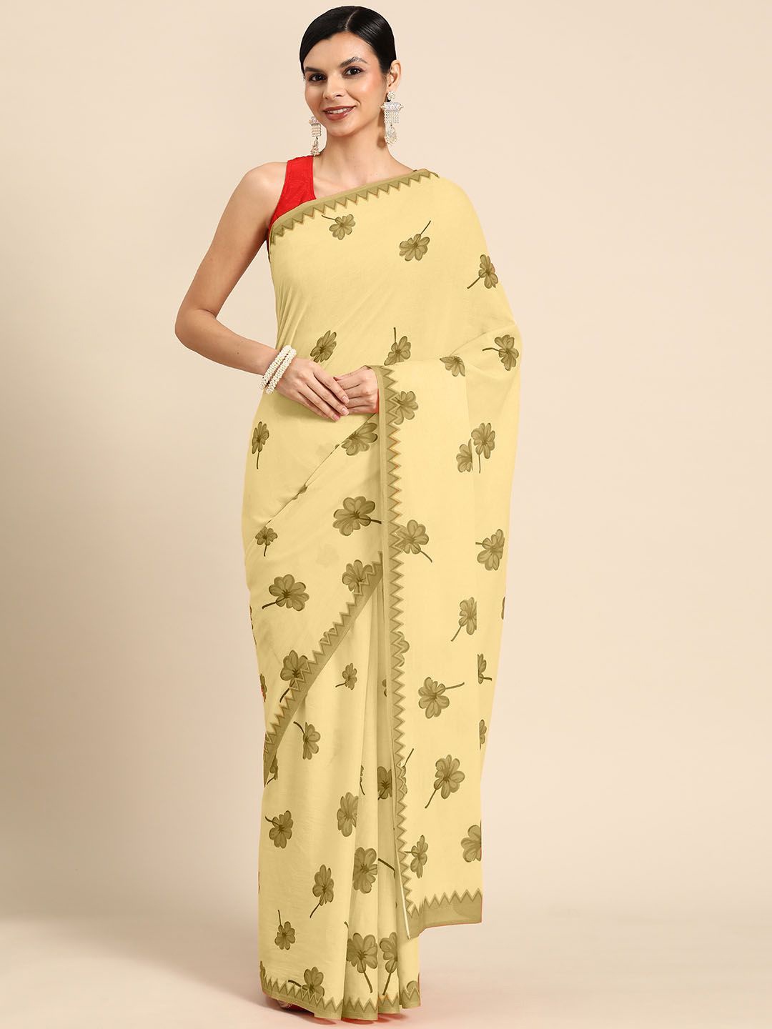 

BUTA BUTI Floral Pure Cotton Saree, Mustard