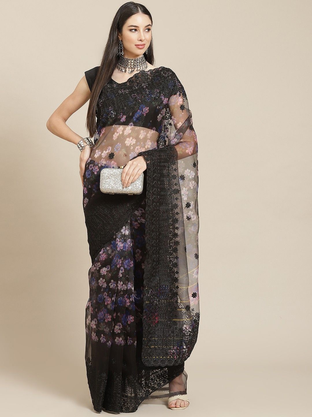 

Anouk Floral Embroidered Net Saree, Black