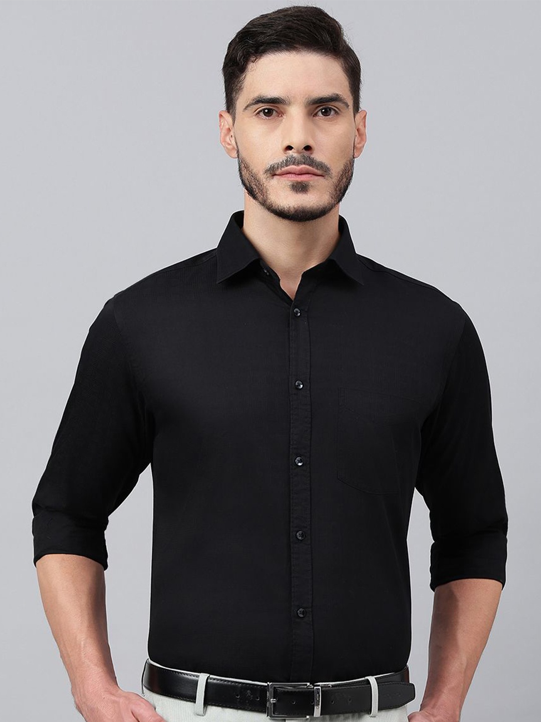 

Richlook Men Comfort Spread Collar Solid Cotton Formal Shirt, Black