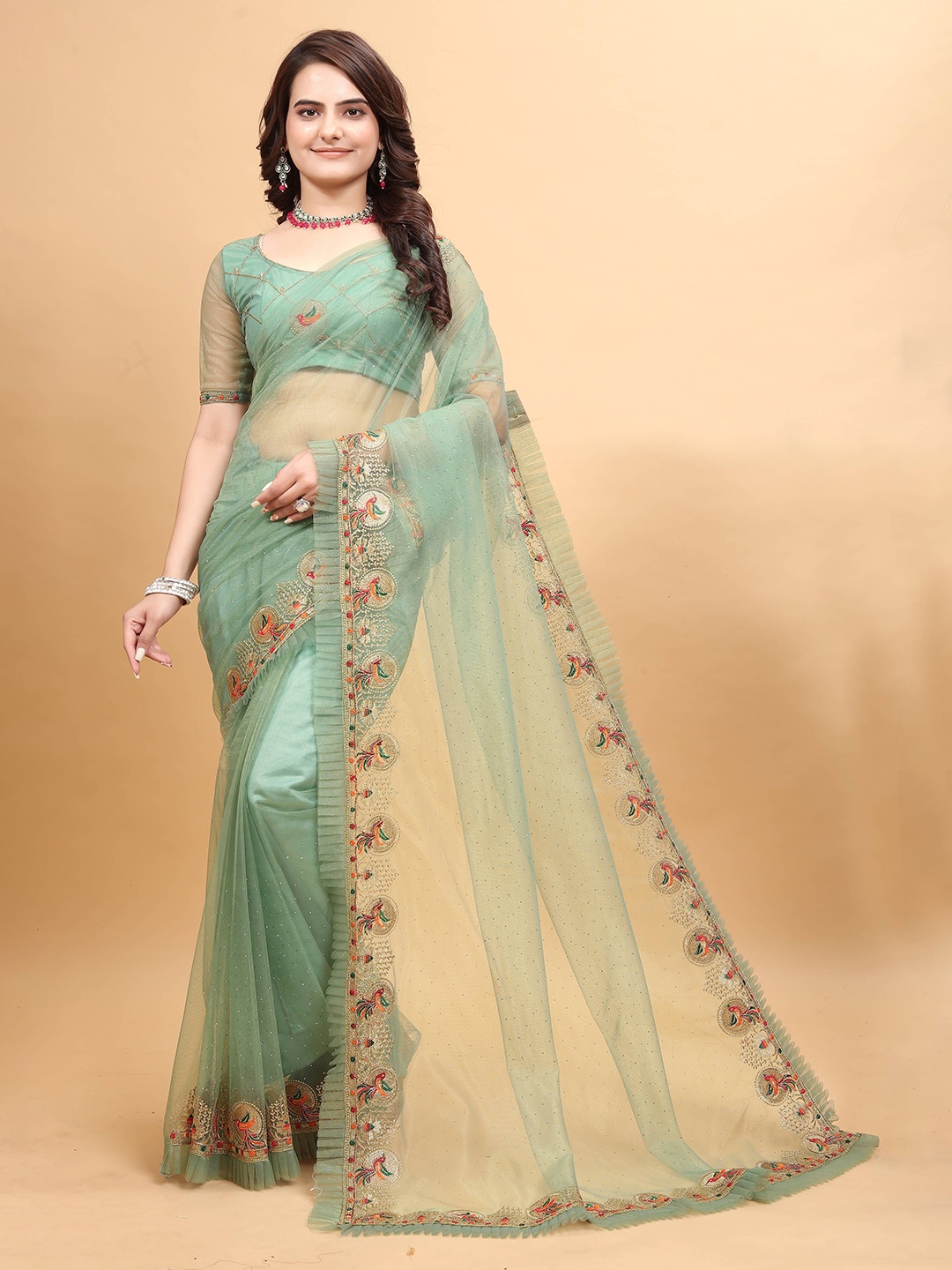

Zeekha Embellished Embroidered Net Heavy Work Kanjeevaram Saree, Sea green