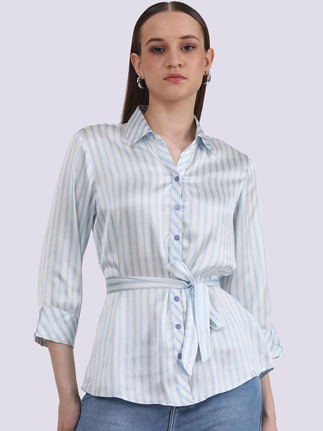 

Albion By CnM Women Vertical Striped Shirt Collar Top, Blue