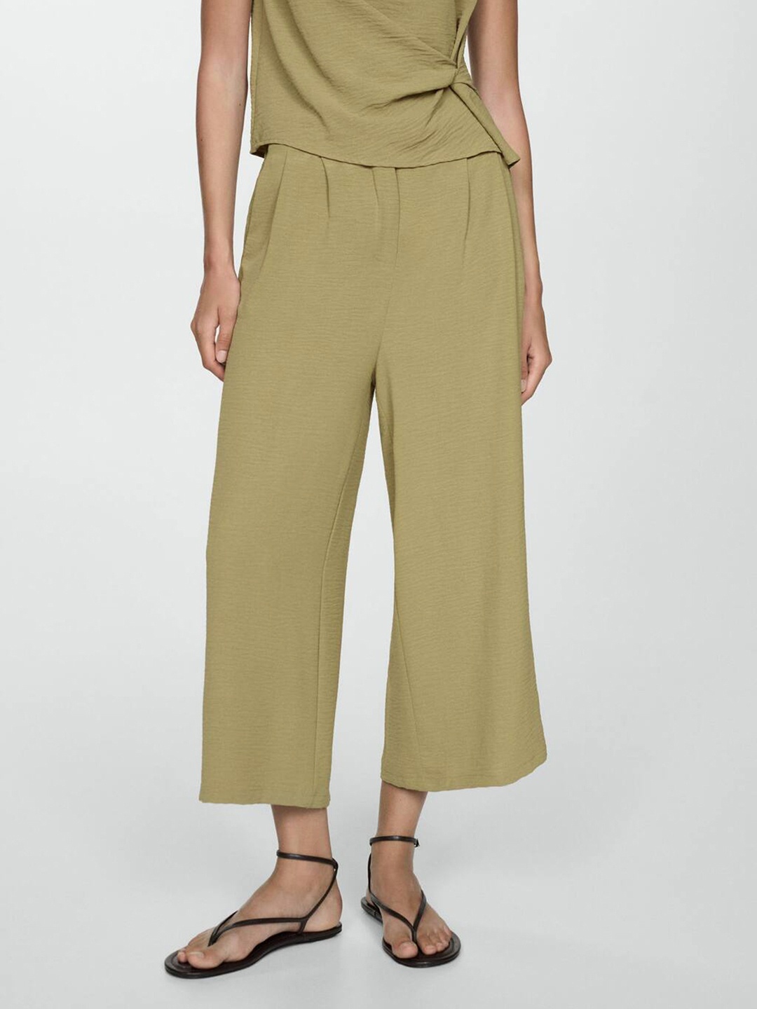 

MANGO Women High-Rise Pleated Trousers, Khaki