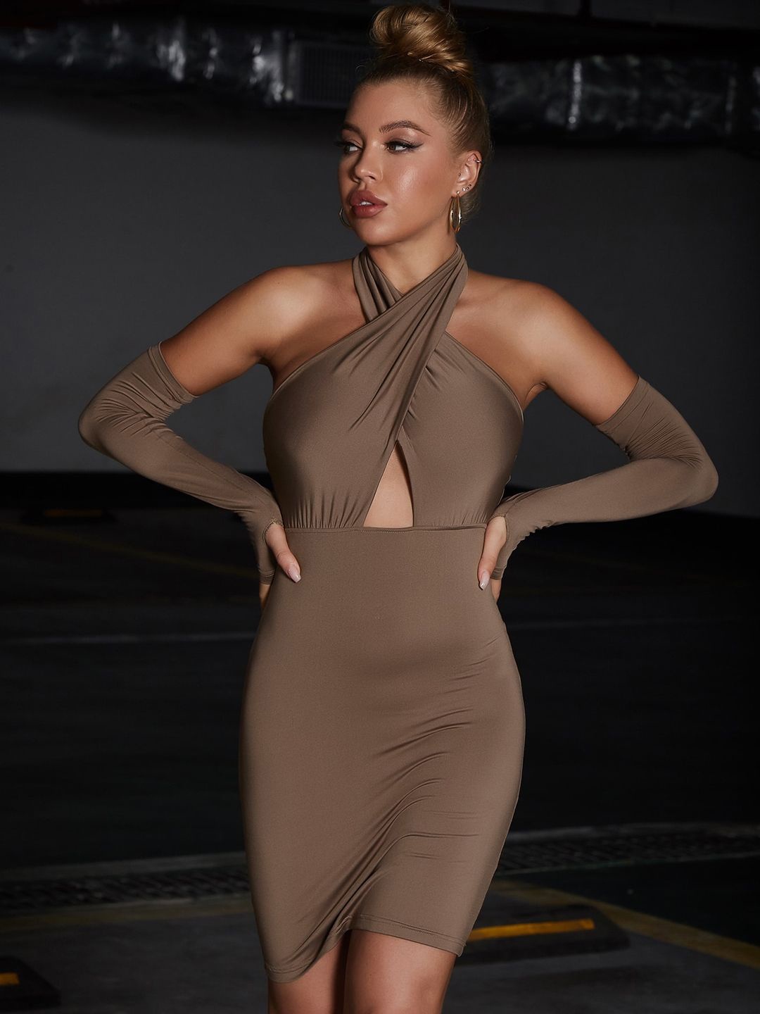 

StyleCast Halter Neck Bodycon Mini Dress, Coffee brown