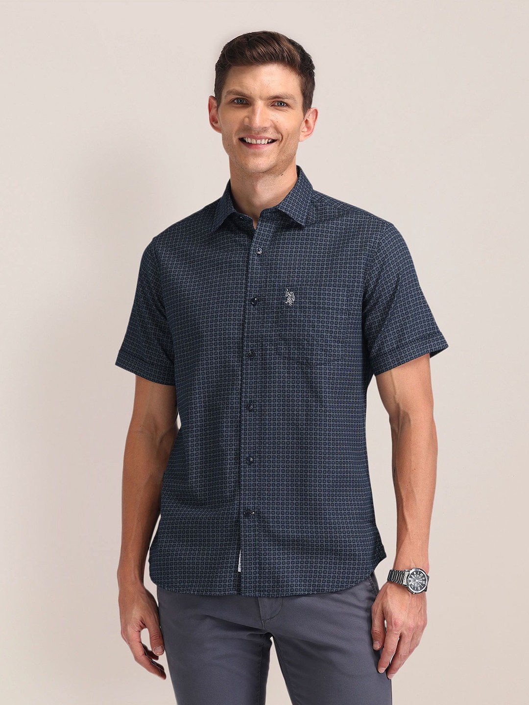 

U.S. Polo Assn. Men Classic Geometric Printed Cotton Casual Shirt, Blue
