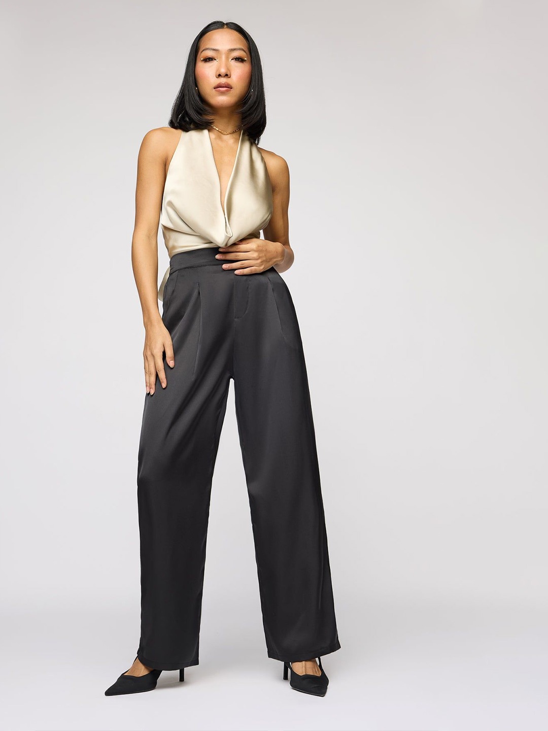 

FREAKINS Women Satin Straight Korean Pant, Charcoal
