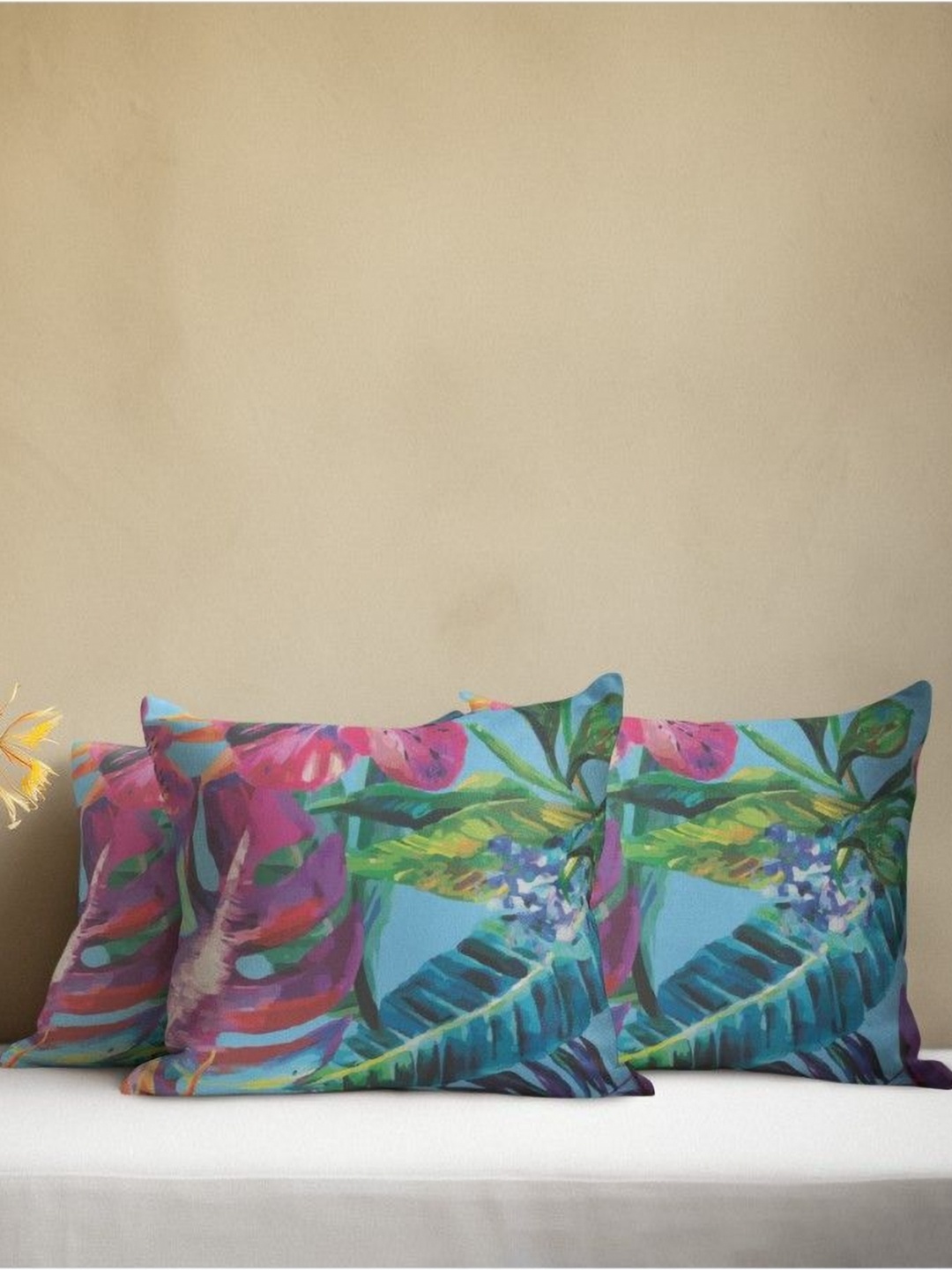 

THEYAYACAFE Blue & Red 3 Pieces Floral Velvet Square Cushion Covers