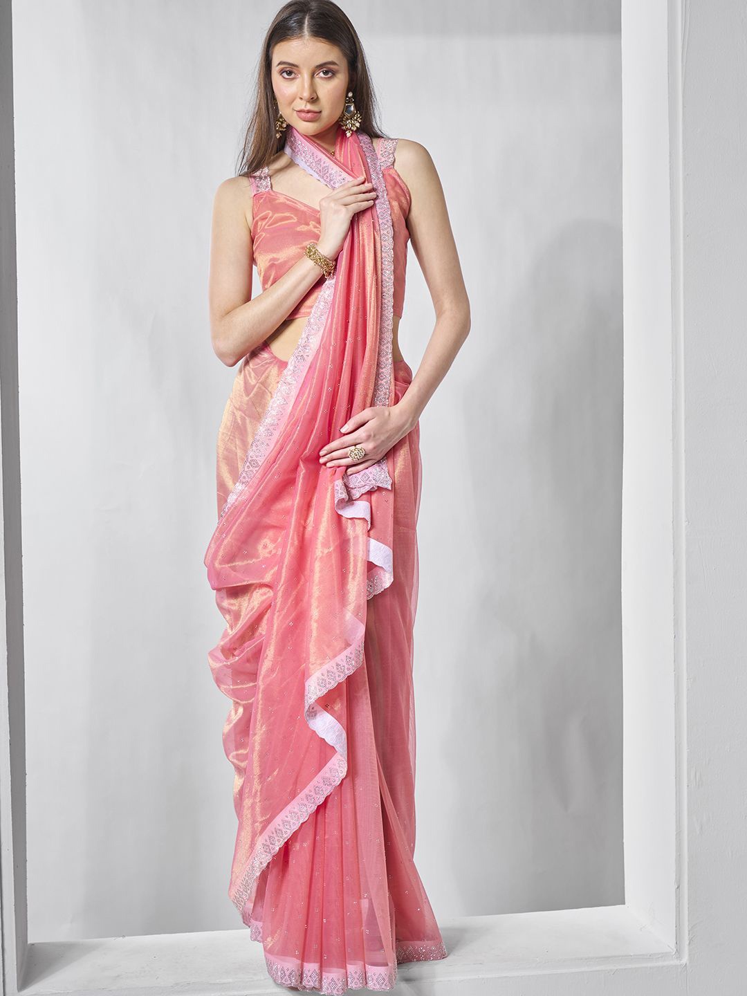 

Mitera Ethnic Motifs Beads and Stones Tissue Saree, Pink
