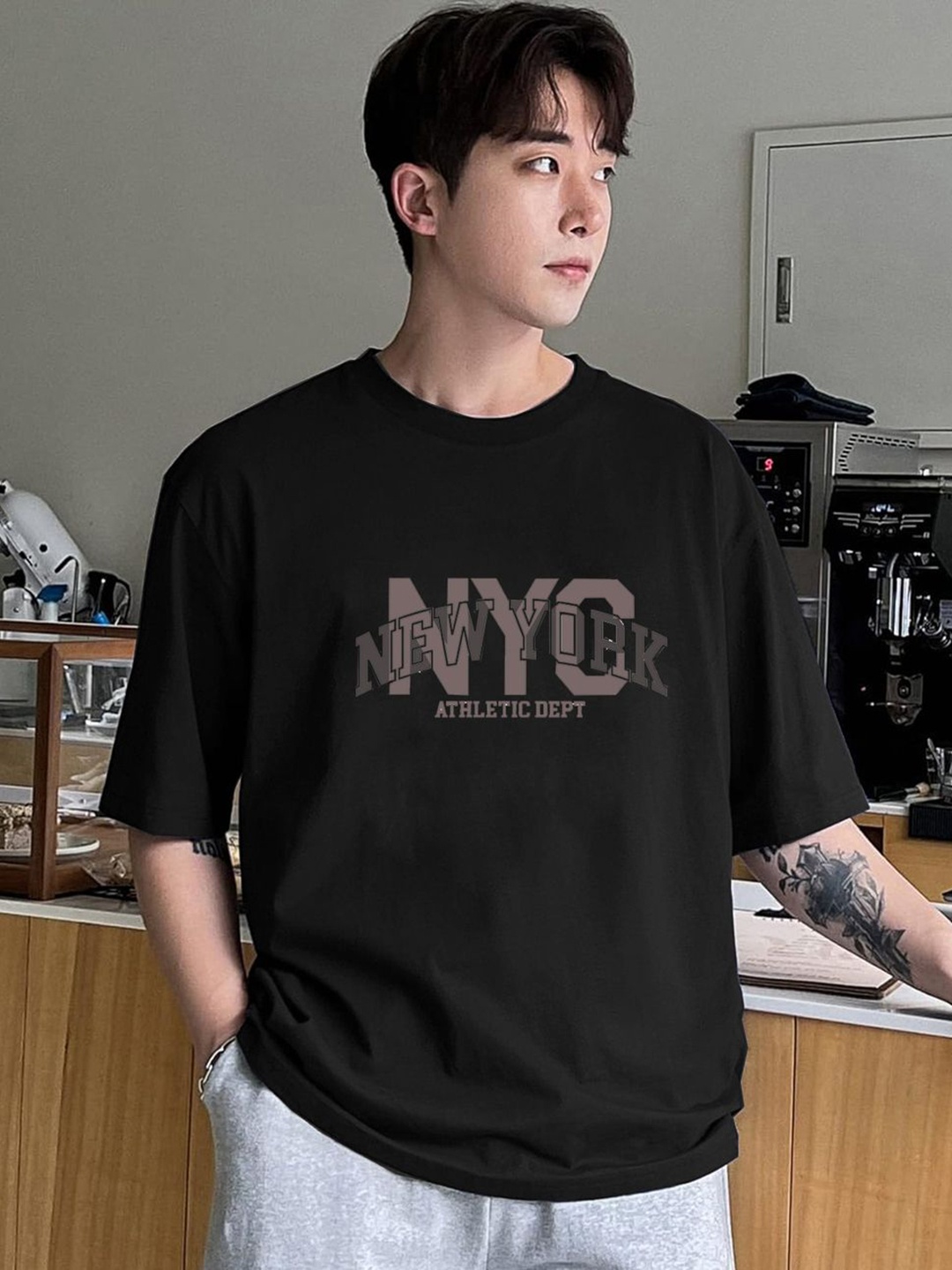 

CLAFOUTIS Men Typography Printed Round Neck Cotton Oversized T-shirt, Black