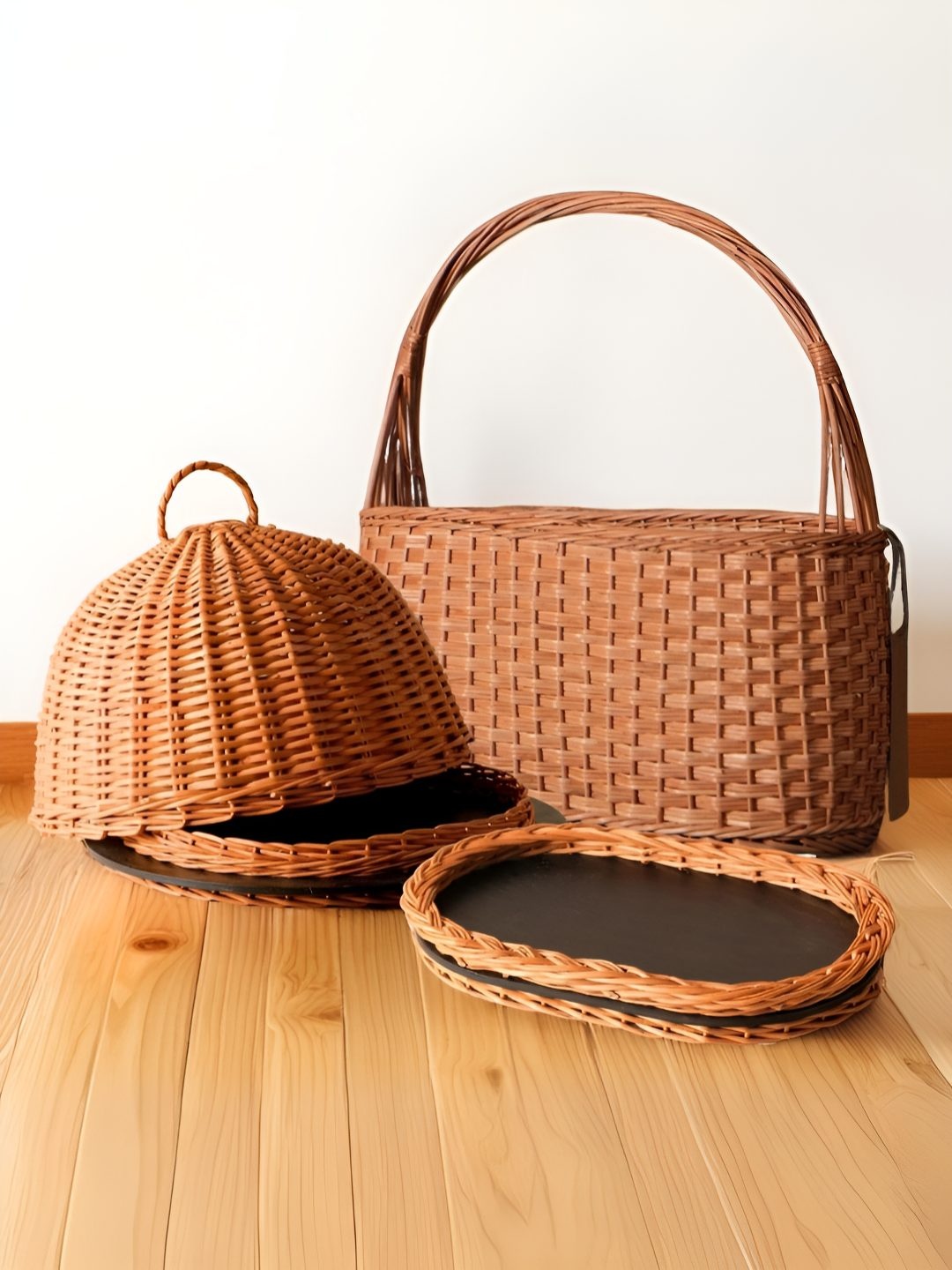 

Peepul Tree Brown 3 Pieces Wooden Serving Platter & Picnic Basket With Tray