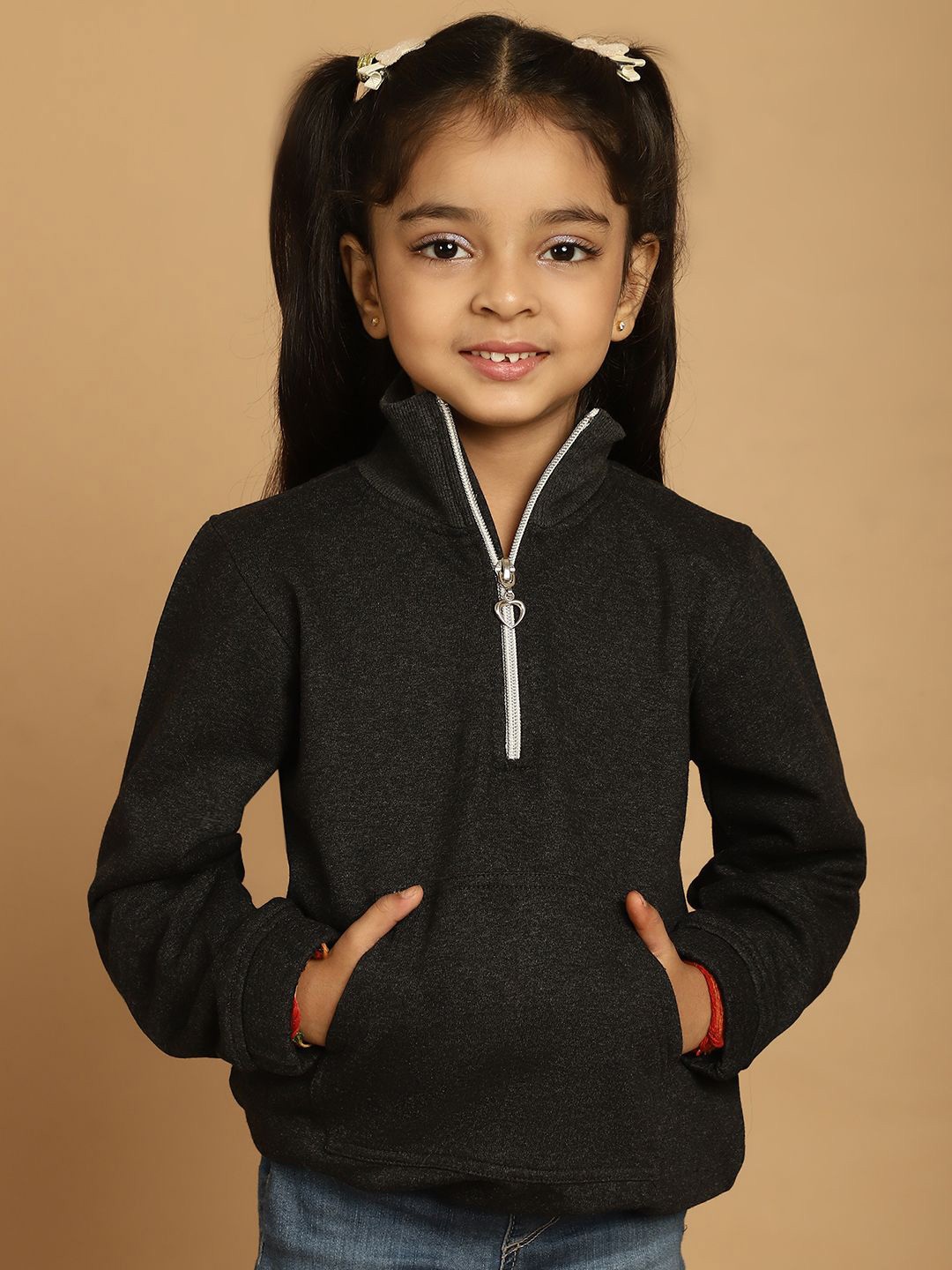 

MINI & MING the winter wardrobe Girls Solid Mock Collar Sweatshirt, Charcoal