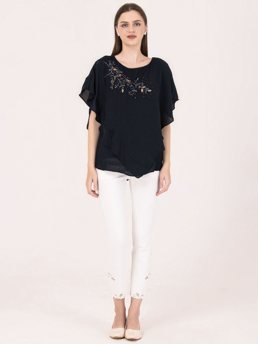 

Albion By CnM Women Embellished Round Neck Cotton Top, Navy blue