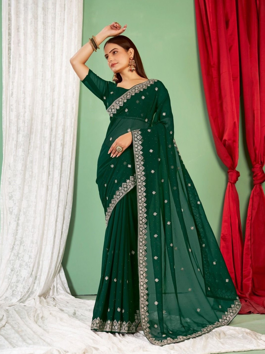 

Mitera Embellished Beads and Stones Pure Georgette Saree, Green
