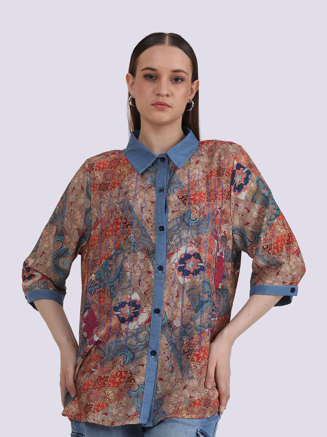 

Albion By CnM Women Ethnic Motifs Printed Shirt Collar Top, Multi