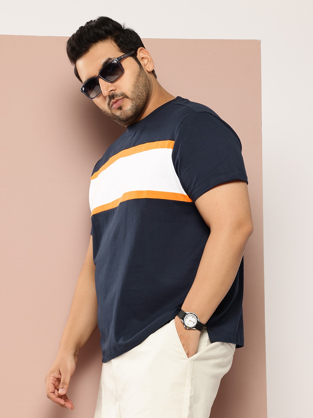 

Sztori Plus Size Striped Pure Cotton T-shirt, Navy blue