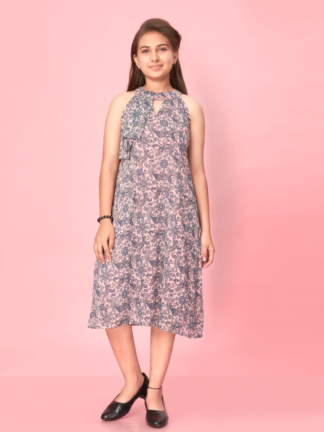 

BAESD Floral Print Georgette A-Line Midi Dress, Peach