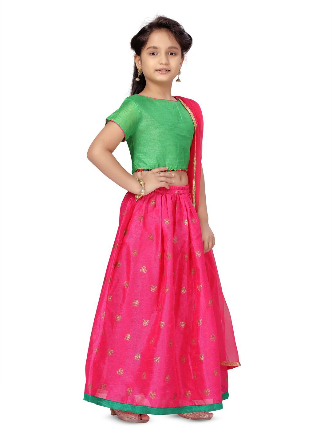 

BAESD Girls Printed Foil Print Silk Ready to Wear Lehenga & Blouse With Dupatta, Green