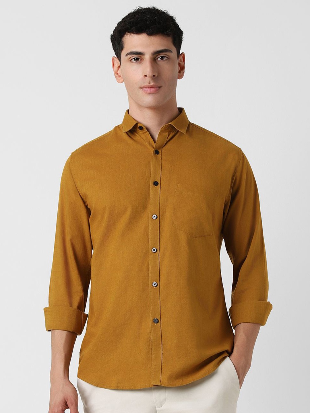 

V Dot Men Spread Collar Solid Cotton Slim Fit Casual Shirt, Yellow