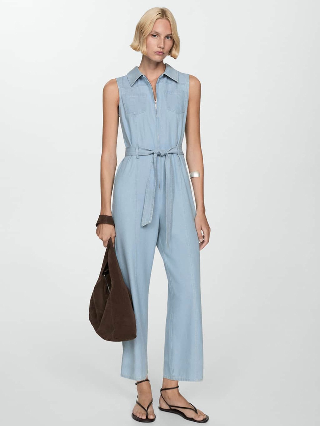 

MANGO Pure Cotton Denim Basic Jumpsuit with Belt, Blue