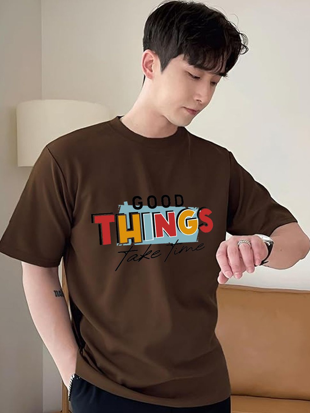 

CLAFOUTIS Men Typography Printed Round Neck Cotton Oversized T-shirt, Brown