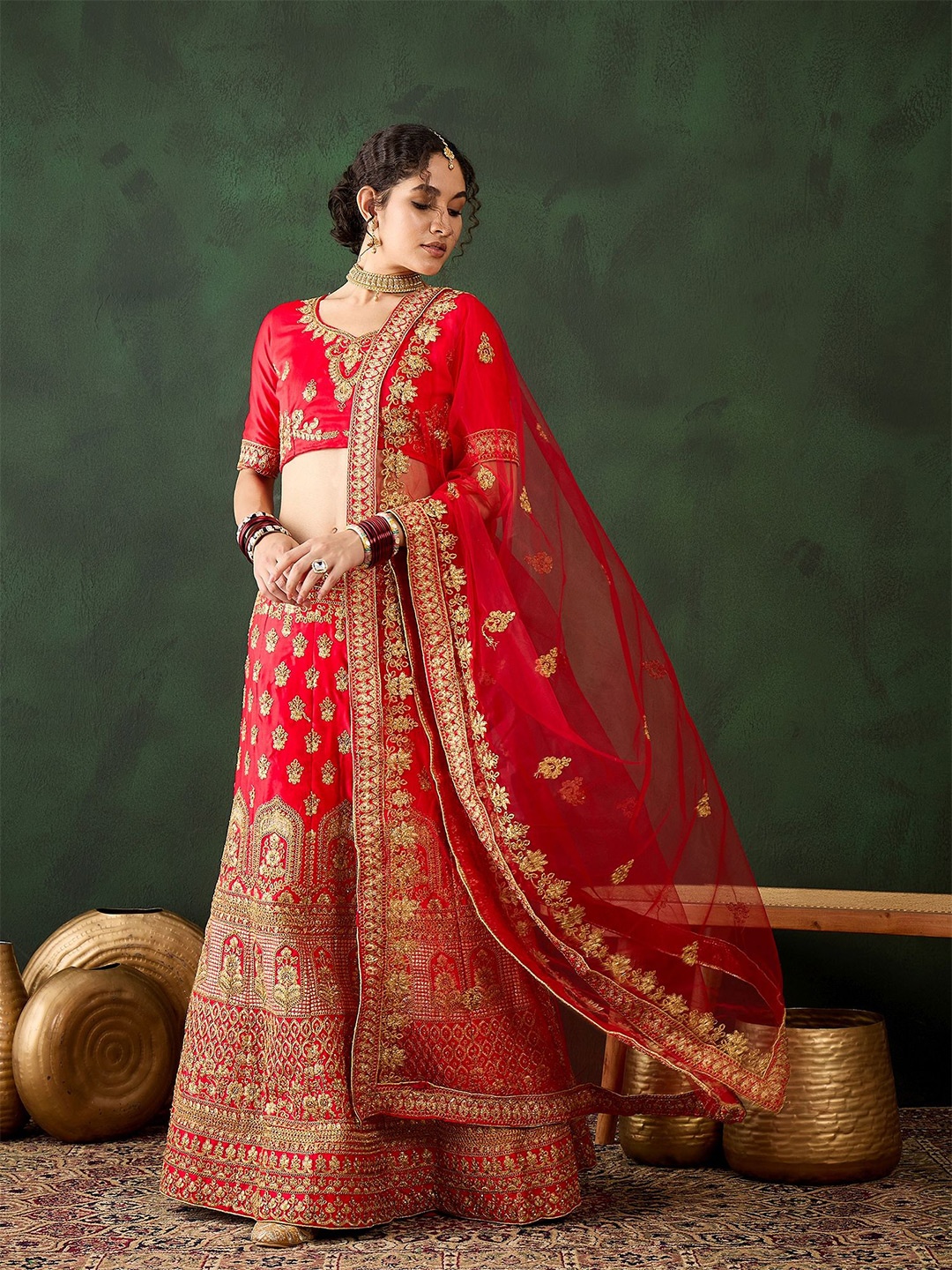 

Sangria Embroidered Semi-Stitched Lehenga & Unstitched Choli With Dupatta, Red
