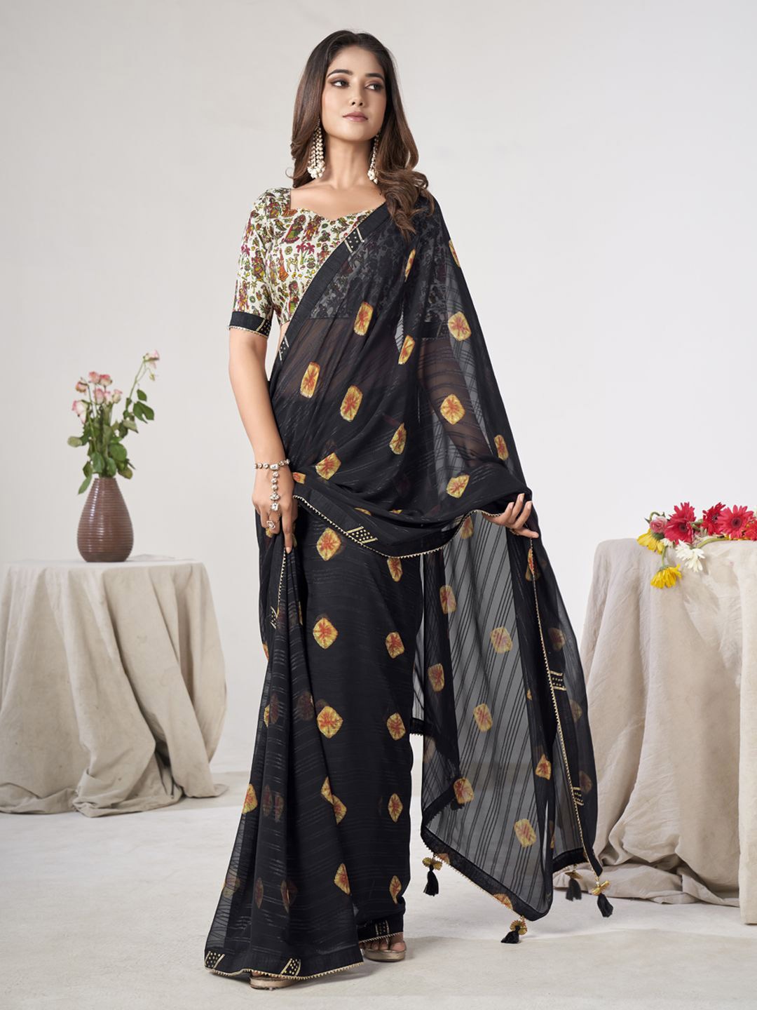 

CHUDIYA Bandhani Gotta Patti Pure Georgette Saree, Black