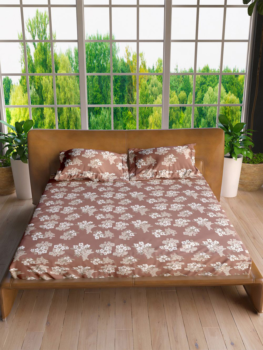 

LABHAM Brown & White Floral Printed 160 TC Pure Cotton King Bedsheet with 2 Pillow Covers
