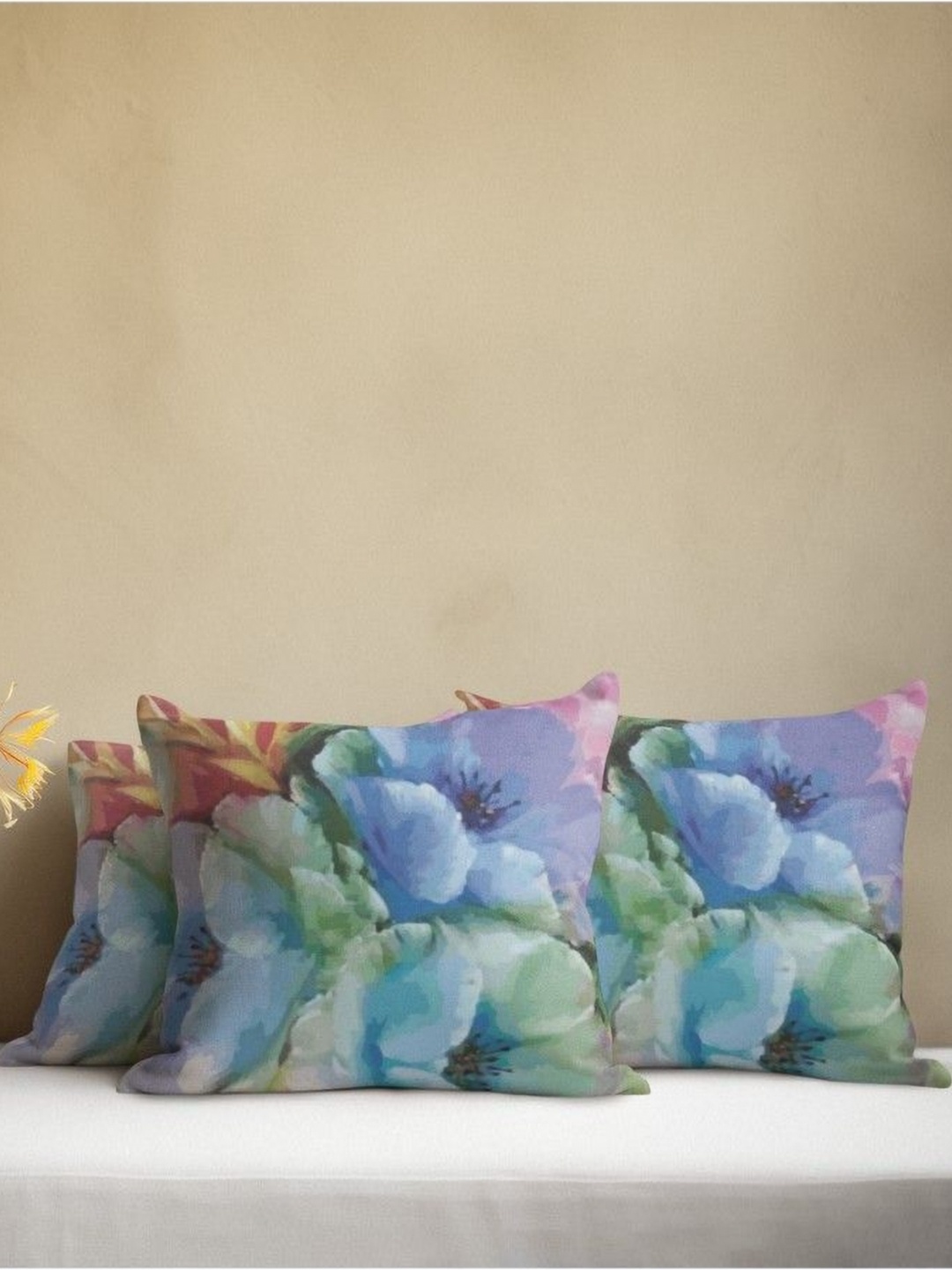 

THEYAYACAFE Green & Blue 3 Pieces Floral Printed Velvet Square Cushion Covers