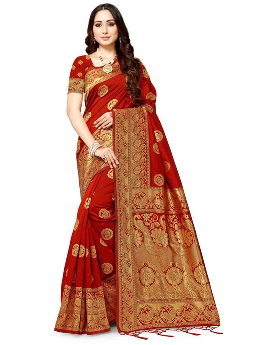 

Mitera Woven Design Zari Silk Blend Designer Banarasi Saree, Red