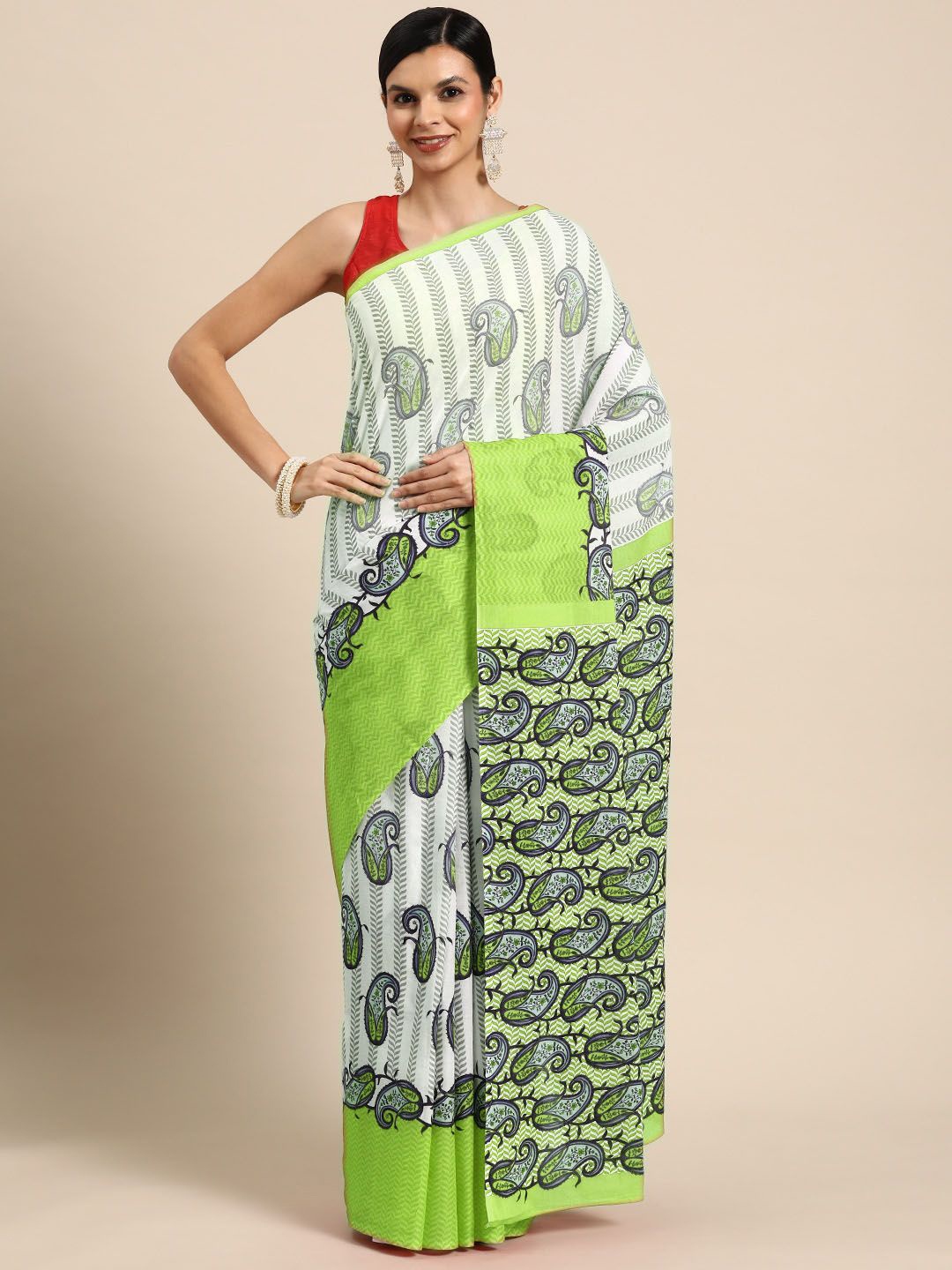 

BUTA BUTI Floral Pure Cotton Saree, Green