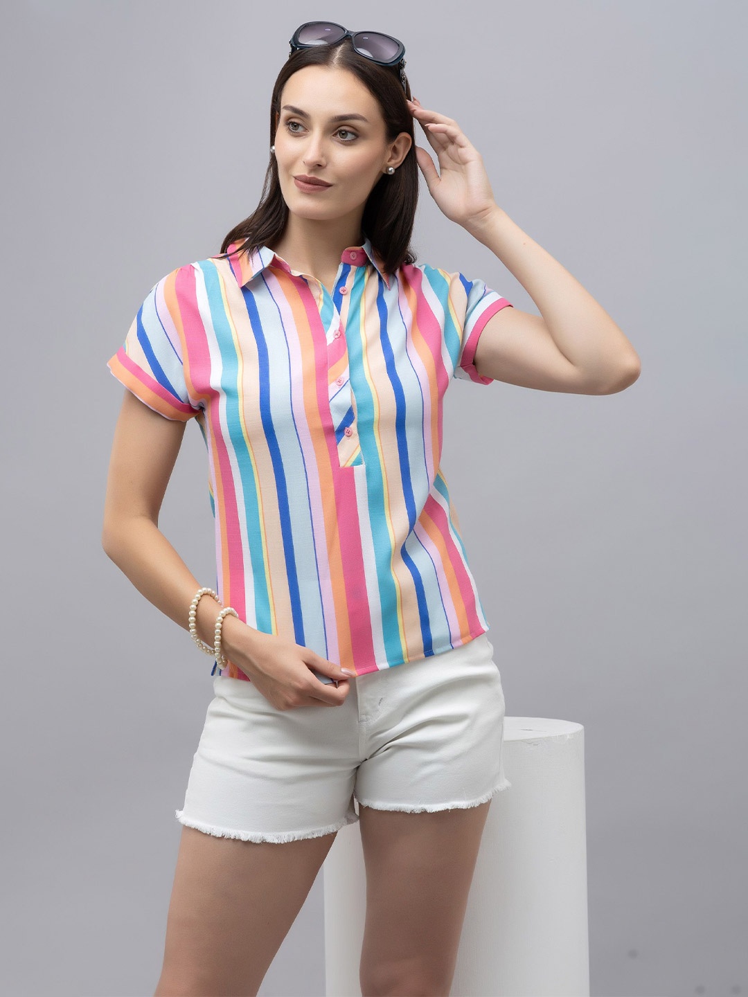 

PURYS Women Standard Spread Collar Vertical Striped Casual Shirt, Pink