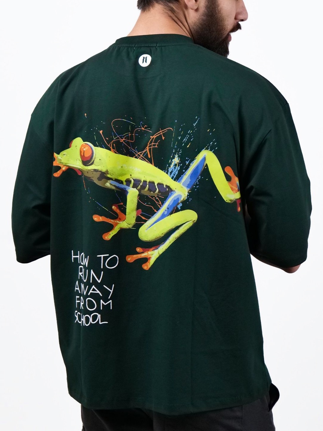 

KHAAKI Men Bio Finish Graphic Printed Round Neck Cotton Oversized T-shirt, Green