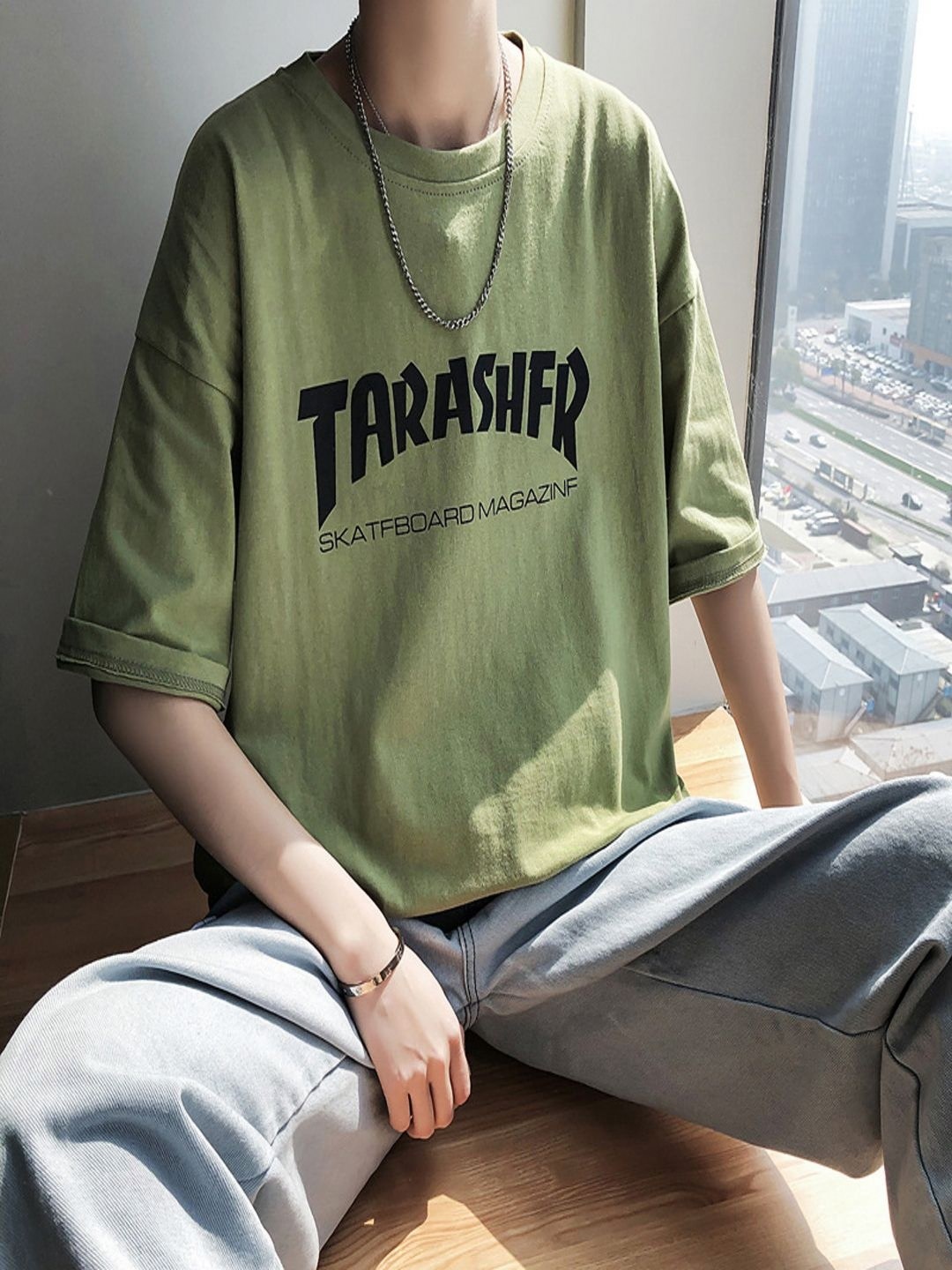 

StyleCast Men Typography Striped Hooded Raw Edge T-shirt, Olive
