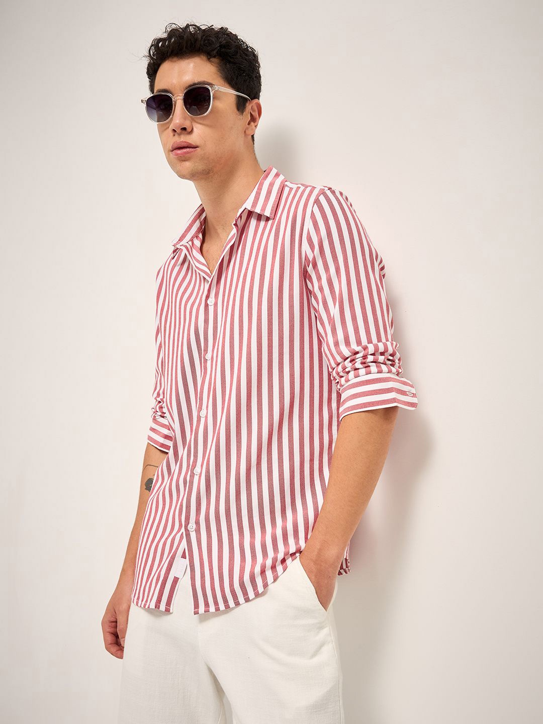 

THE BEAR HOUSE Men Vertical Striped Cotton Slim Fit Casual Shirt, Red