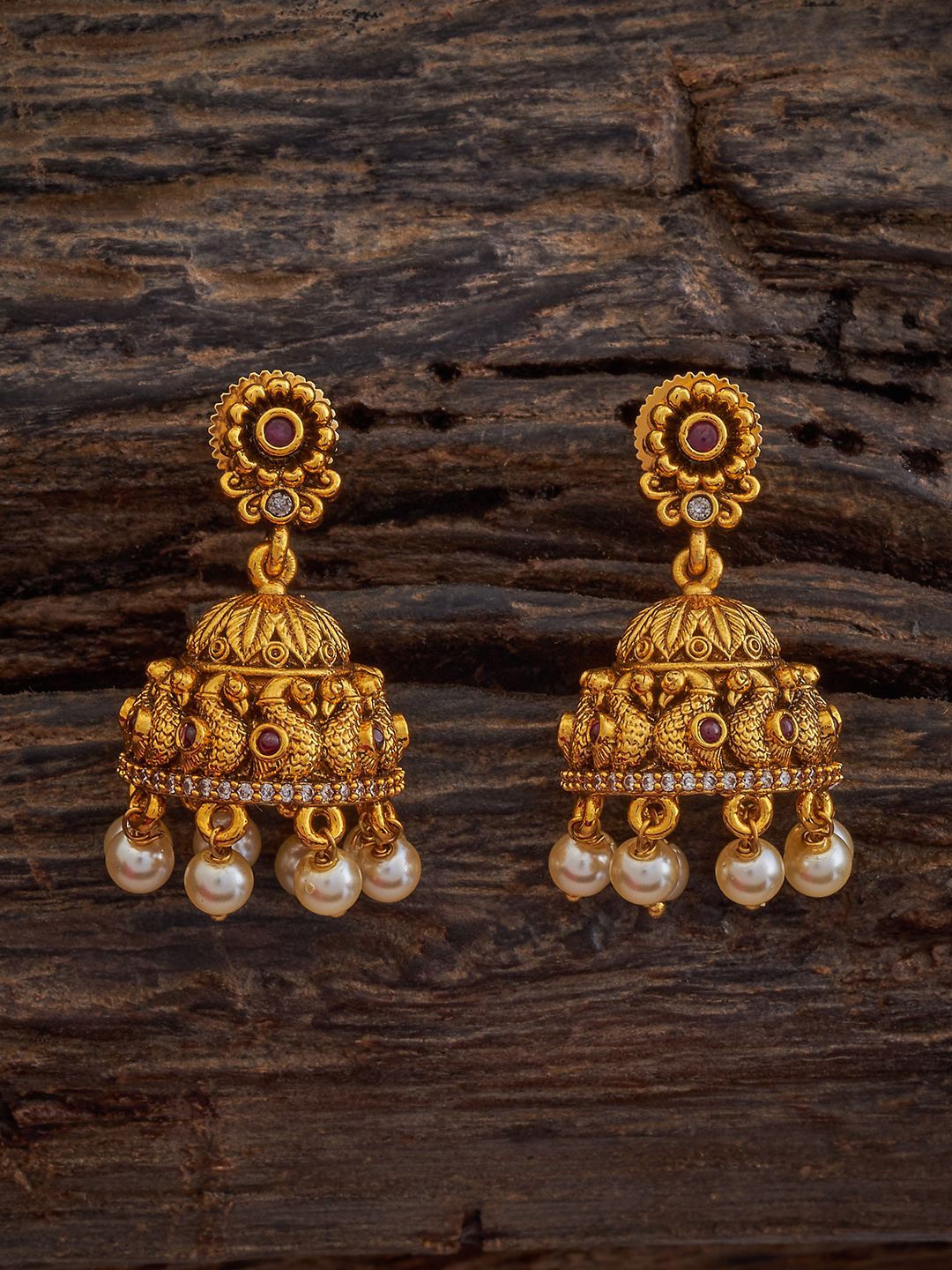 

Kushal's Fashion Jewellery Gold Plated Stone Studded & Beaded Dome Shaped Antique Jhumkas