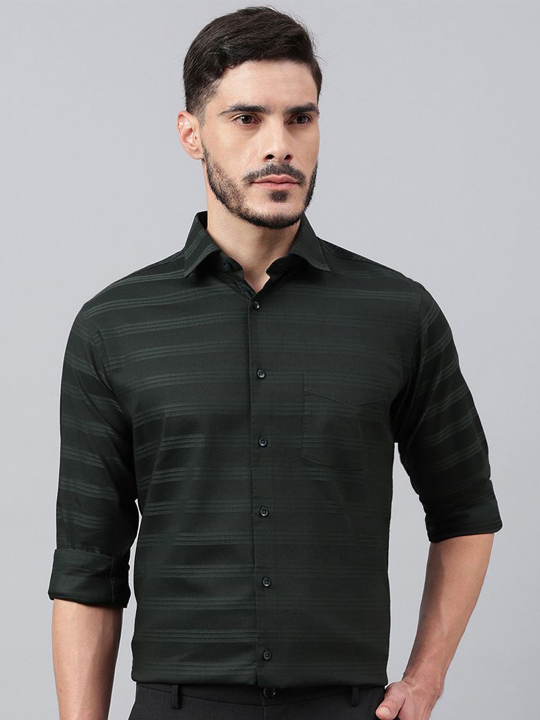 

Richlook Men Comfort Spread Collar Horizontal Striped Cotton Party Shirt, Green