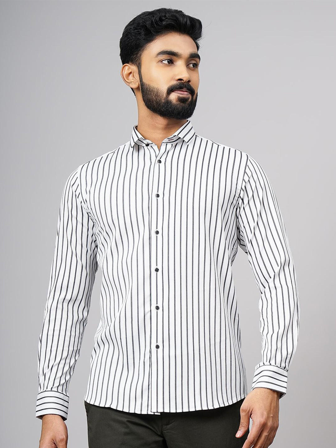 

JB STUDIO Men Vertical Striped Cotton Slim Fit Party Shirt, White