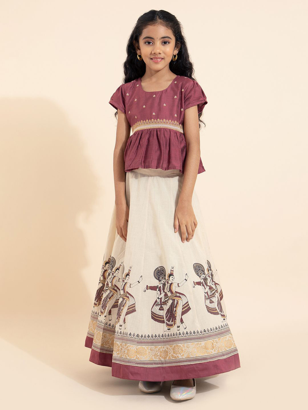 

Maybell Girls Mohiniyattam Printed Ready to Wear Lehenga & Blouse, Mauve