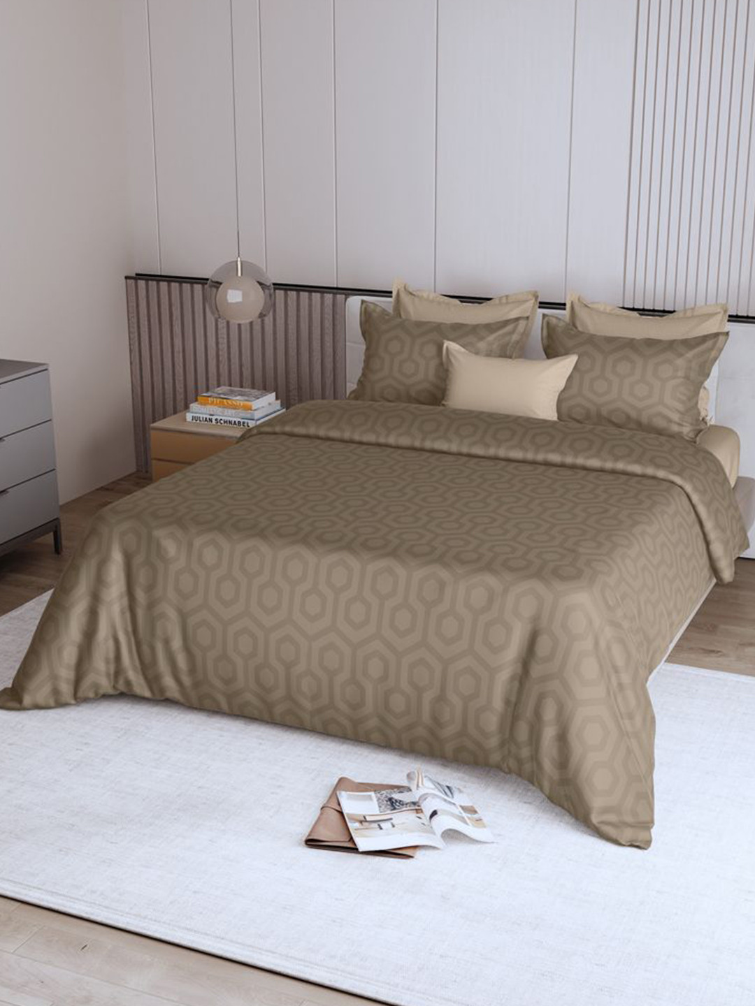 

LABHAM Beige Geometric 600 TC Pure Cotton King Bedsheet with 2 Pillow Covers