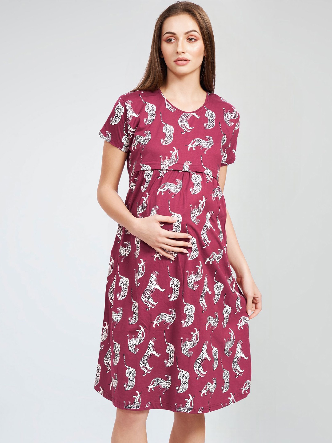

PASTEL CLIP Tiger Printed Pure Cotton Maternity T-Shirt Nightdress, Maroon